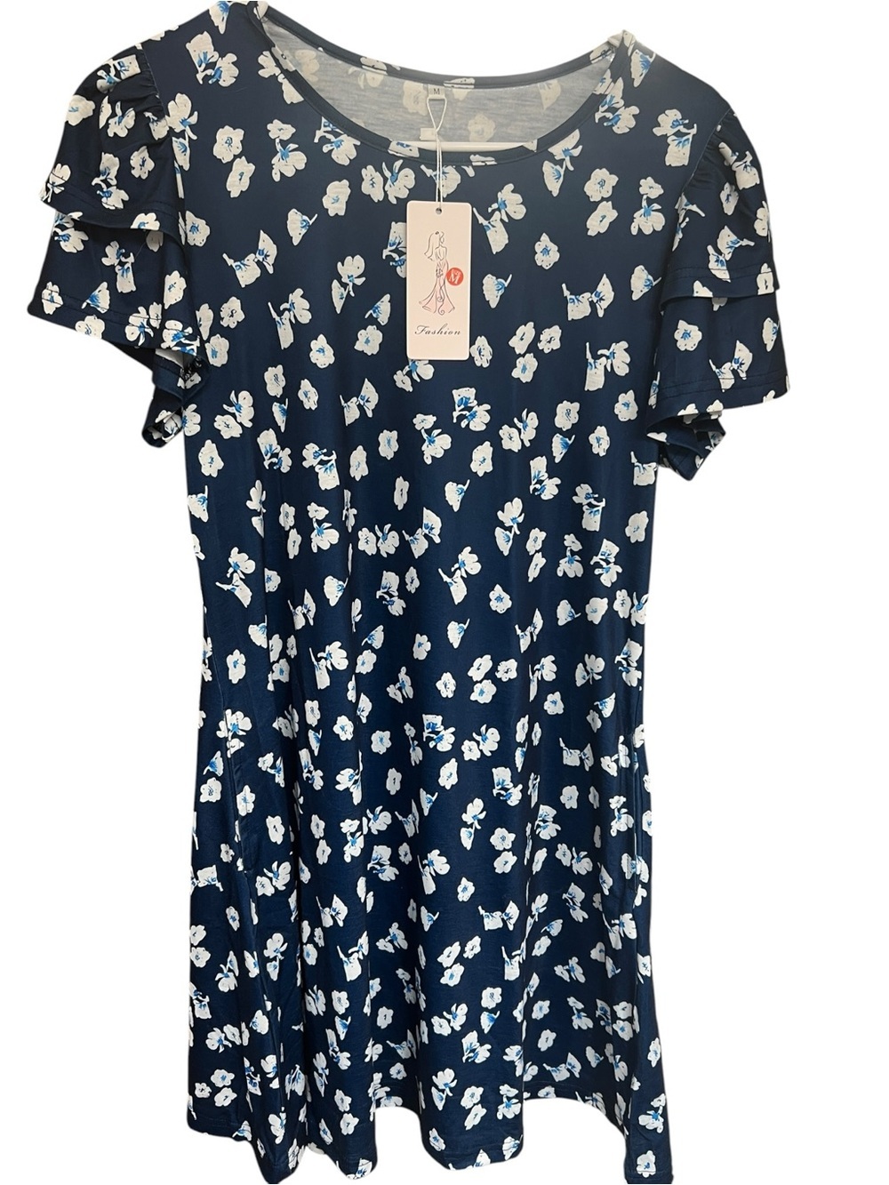 Navy Floral Ruffle Sleeve Dress